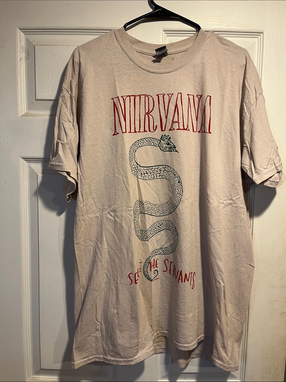 NIRVANA Beige Short Sleeve Tee with Red Logo and Snake Graphic